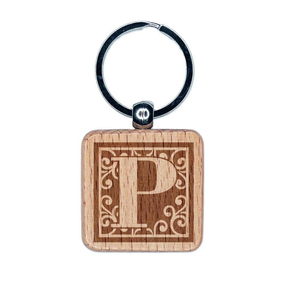 Monogram Swirls Letter P Engraved Wooden Square Keychain Charm Tag  