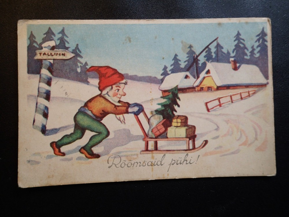 1939 GNOME WINTER SLEDGE VINTAGE CHRISTMAS POSTCARD ESTONIA ESTONIAN