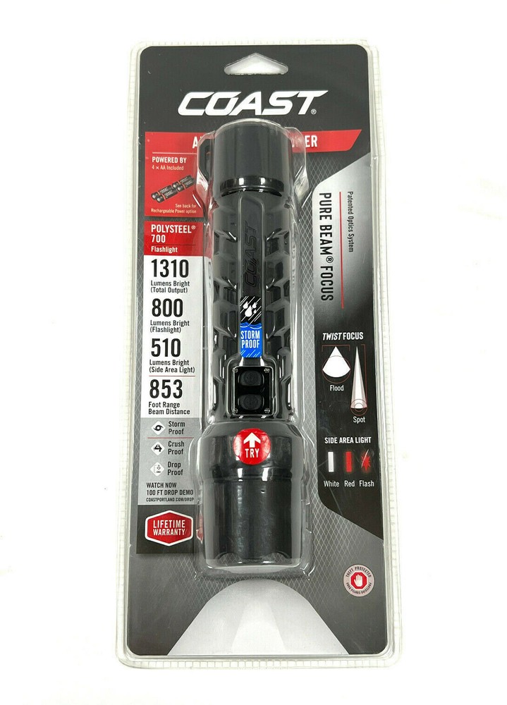 Coast Polysteel 700 Flashlight with 1310 Lumens IPX8 Waterproof Front and Dual Side Lights