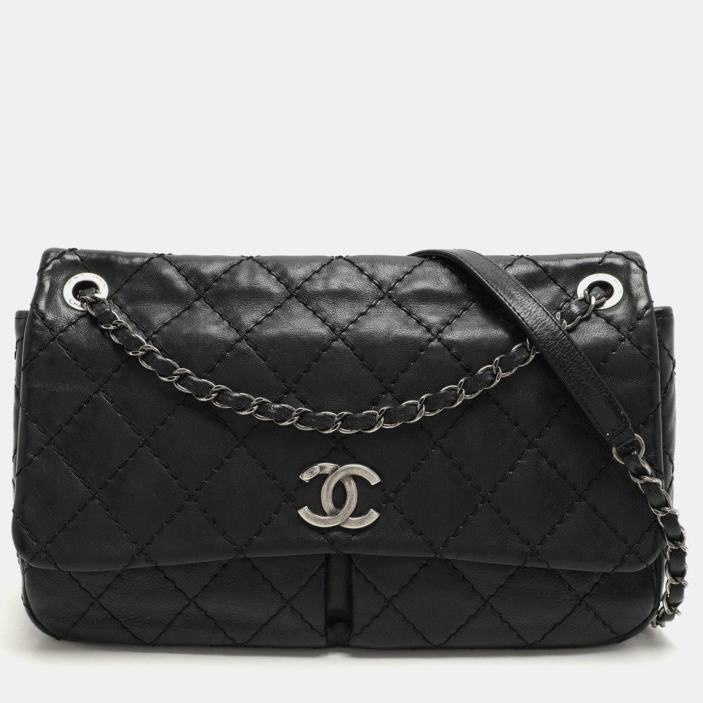 Chanel Black Quilted Leather CC Split Pocket Shoulder Bag with Wild Stitch Detail