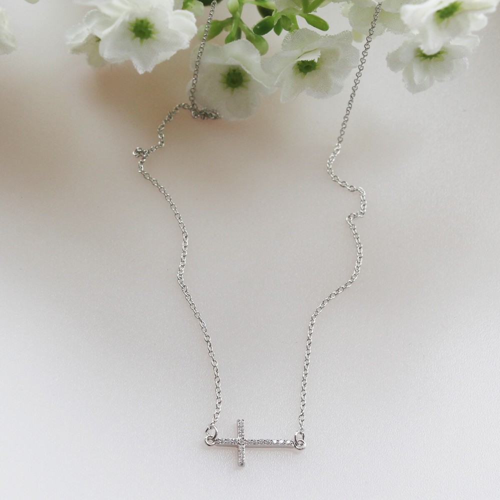 Valentines Day Gift Crystal Cross Delicate Layering Necklace Silver Plated-image