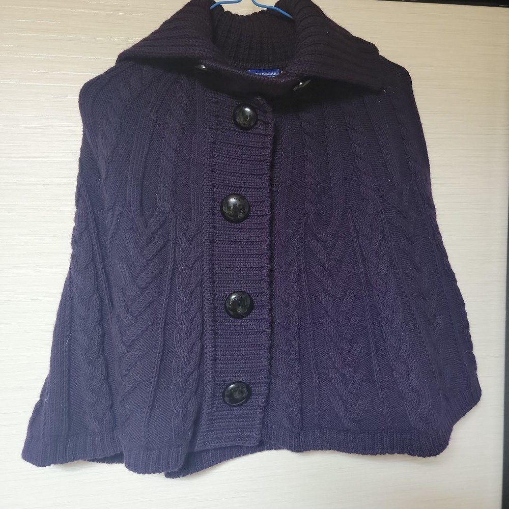 Burberry Blue Label Knit Cable Poncho Purple Walnut Button Size 38 Used