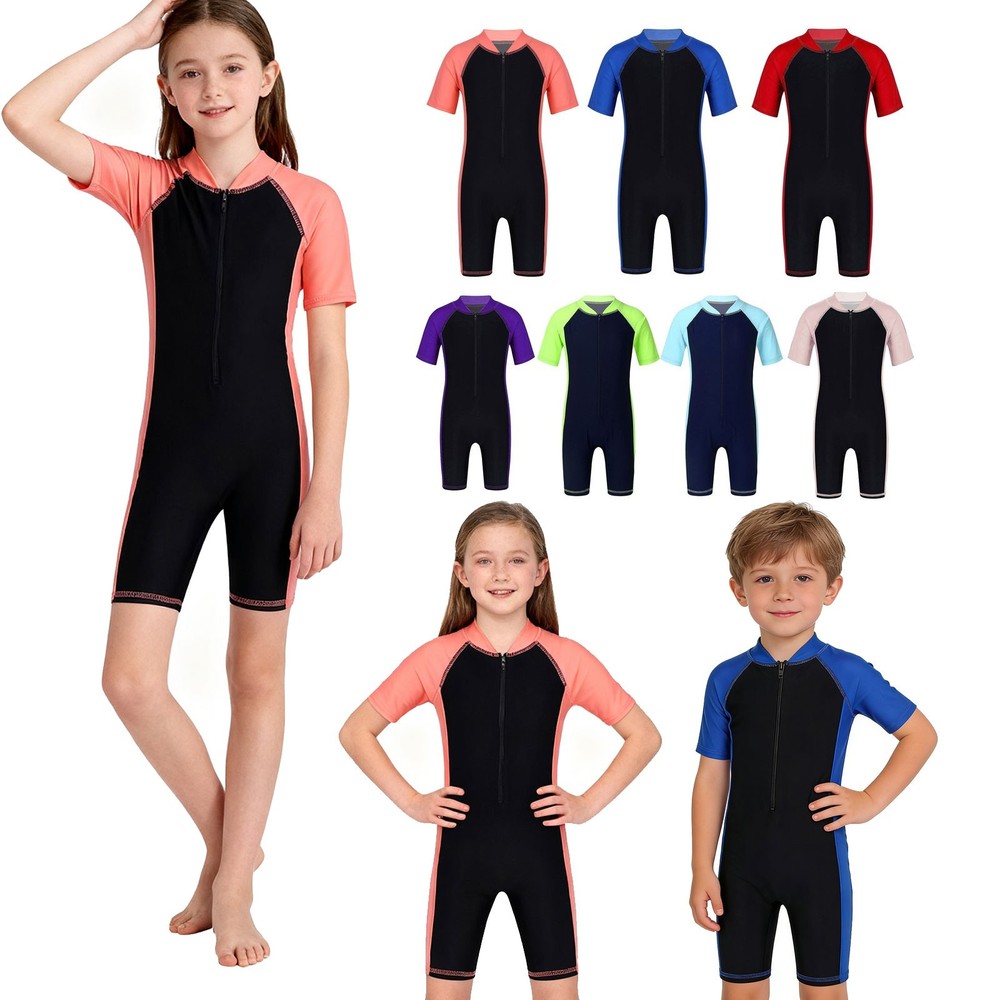 US Boys Girls Short Sleeve Zipper Swimming Costume Swimsuit Rash Guard UPF 50+