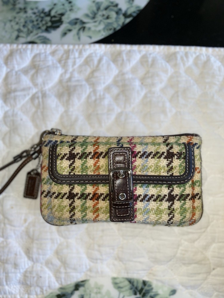 Coach Brown Herringbone Wool Blend Flap Wristlet Clutch