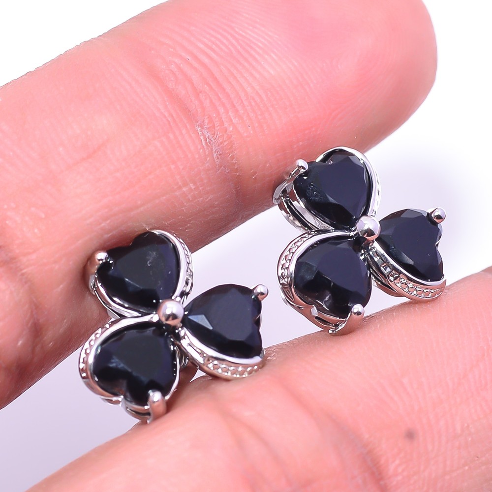 Black Onyx & Black Onyx 925 Sterling Silver Flower Earring 0.78