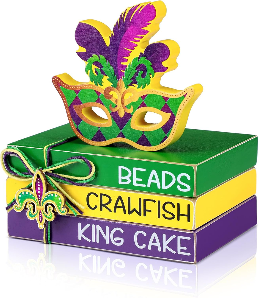 4 Pieces Mardi Gras Wooden Decor Mardi Gras Tiered Tray Decor Mini Wood Book Sta