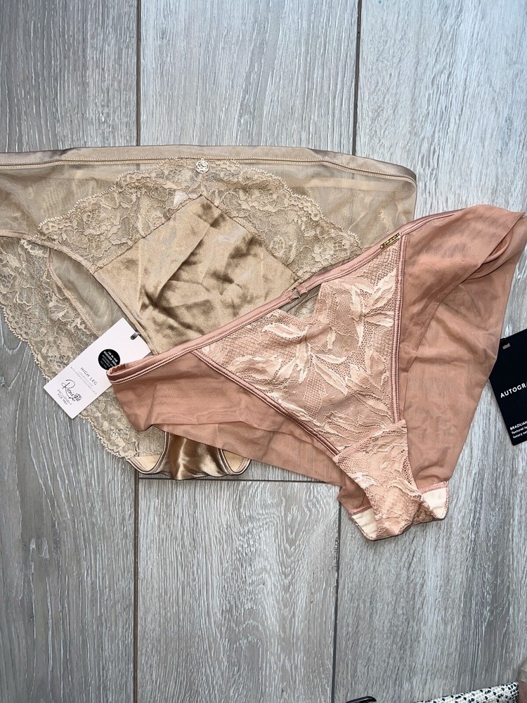 M&S x2 Lace High Leg Bikini Briefs Knickers Size 16 Pink Peach