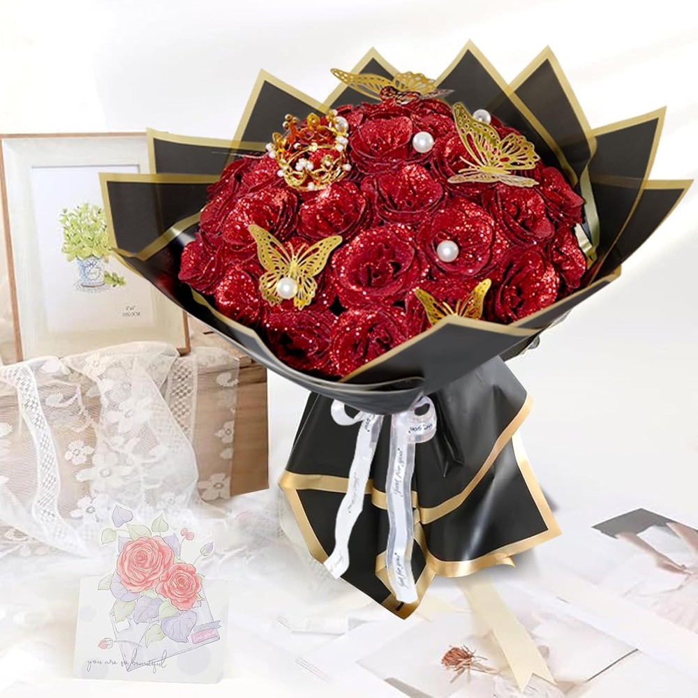 Red Glitter Roses Bouquet, 24 Pcs Shiny Glitter Flowers Bouquet, Everlasting Art