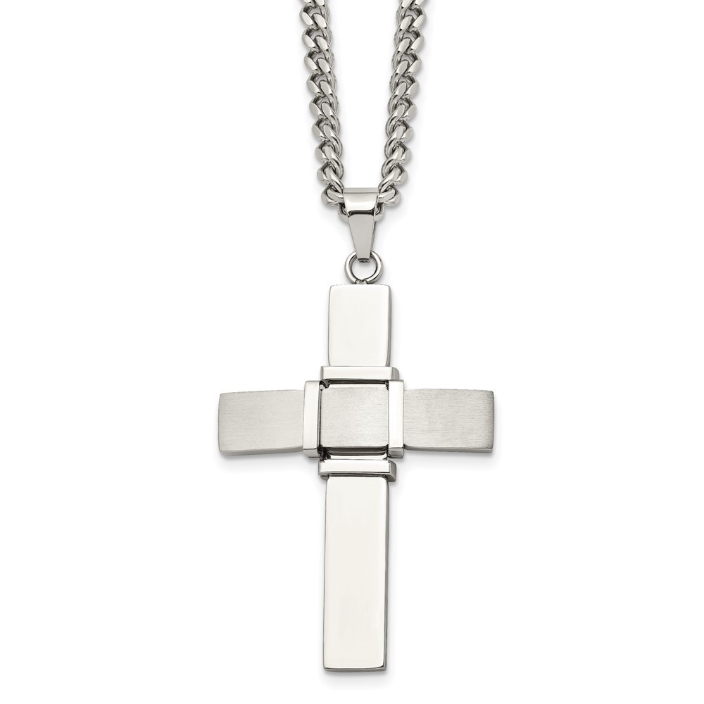 Stainless Steel Brushed Polished Cross Pendant Curb Chain Necklace 22 Inch