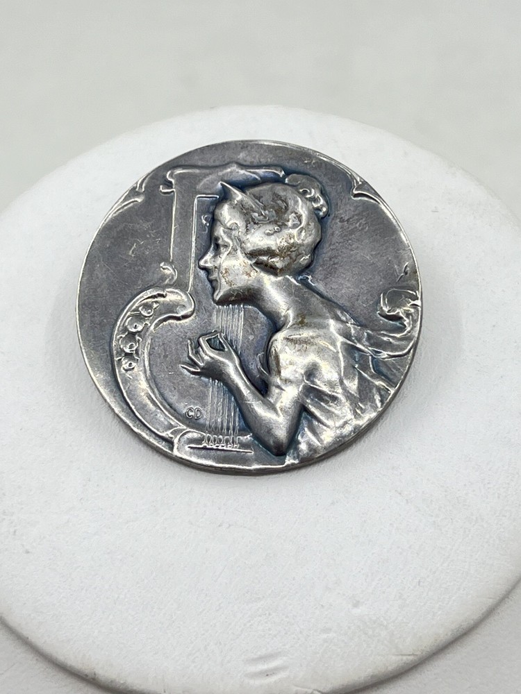 Art Noveaue 800 Silver 1-3/8” Woman Playing Hard Pin Brooch 7.9g