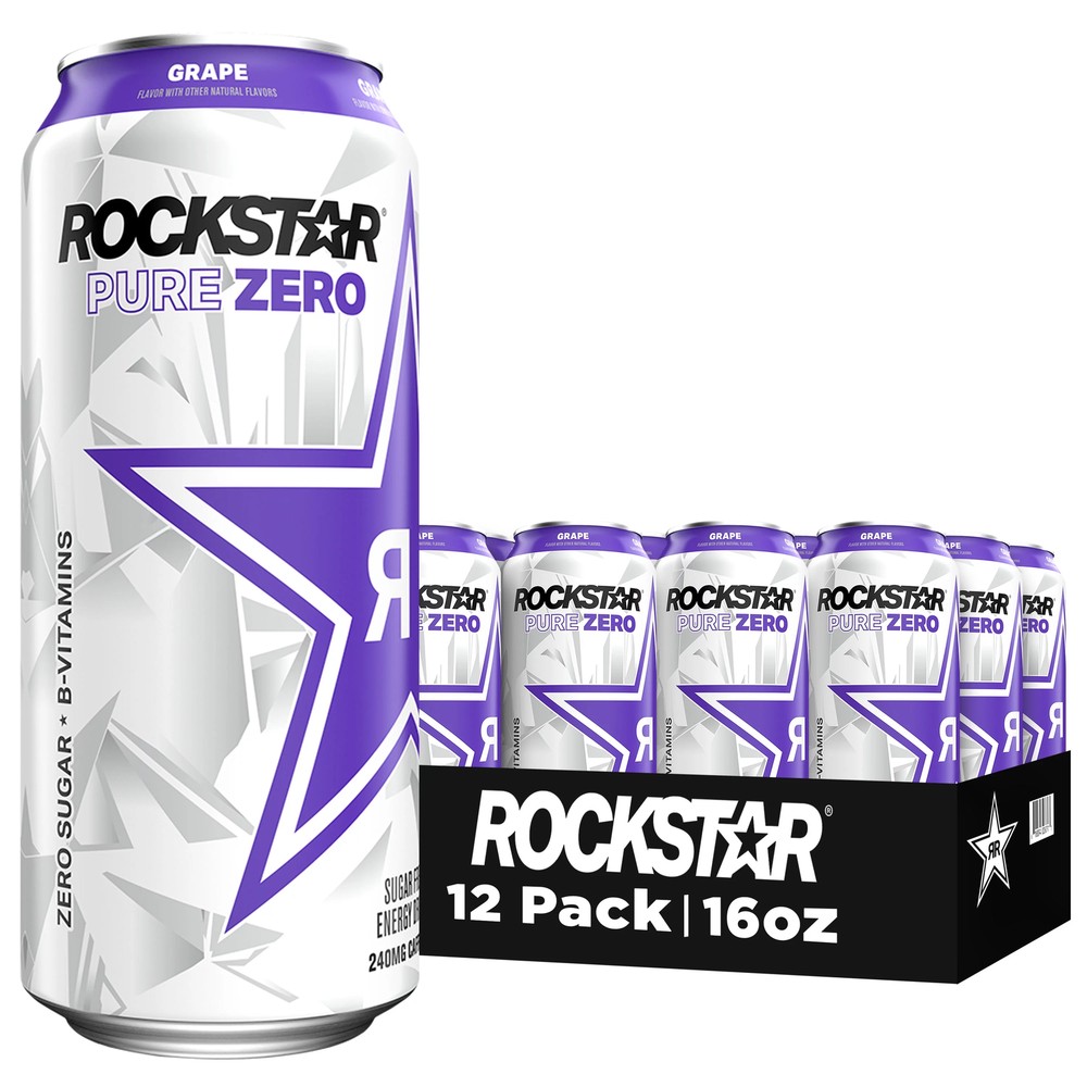Rockstar Pure Zero Sugar Grape Energy Drink, 16 Oz, 12 Pack Cans 75mg Caffeine
