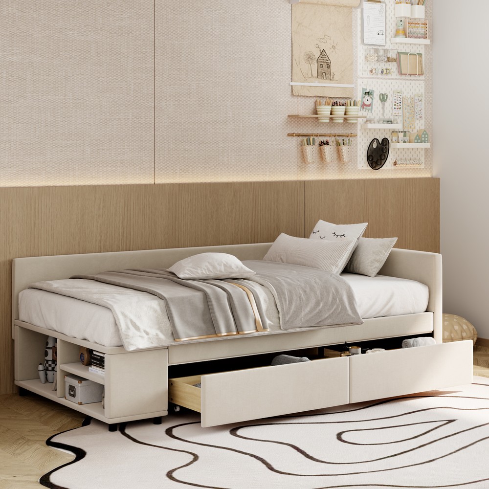 Twin L-Shaped Upholstered Storage Platform Bed with Drawers in Beige