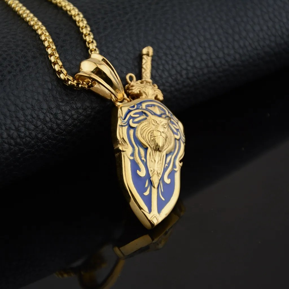 Gold Sword & Lion Shield Pendant Necklace - Royal Blue Enamel Design