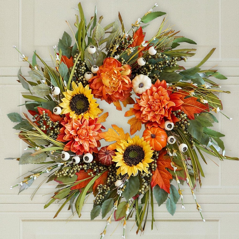 24 Inch Sunflower Fall Wreath for Front Door Outdoor Autumn Decoration  