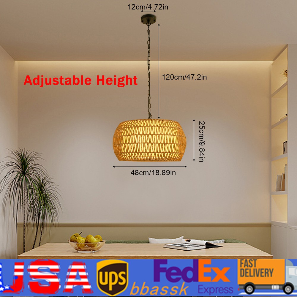 US Drum-shaped Woven Pendant Fixture Ceiling Mount Adjustable Height Linen Color