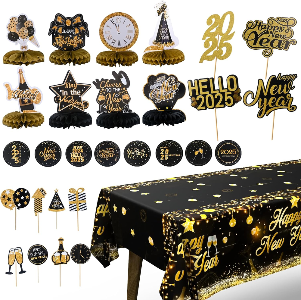 New Years Eve Party Supplies 2025, 45Pcs Happy New Year Decorations Honeycomb Ce-image