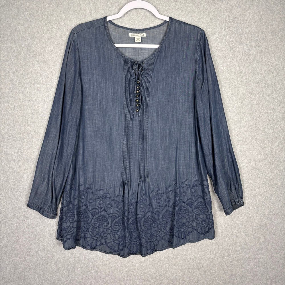Coldwater Creek Top Sz PS 6-8 Chambray Tunic Cottage Boho Embroidered Lagenlook