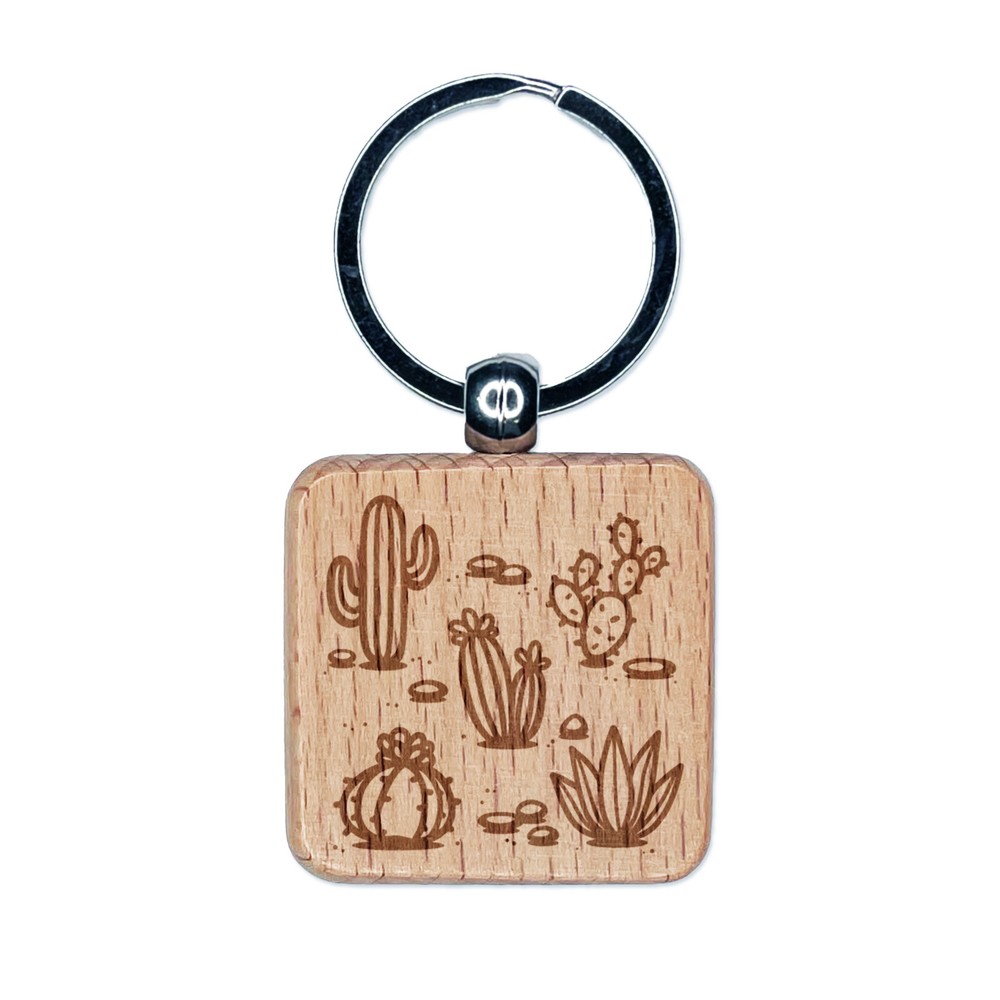 Engraved Wood Keychain with Cactus Succulent and Stones Design