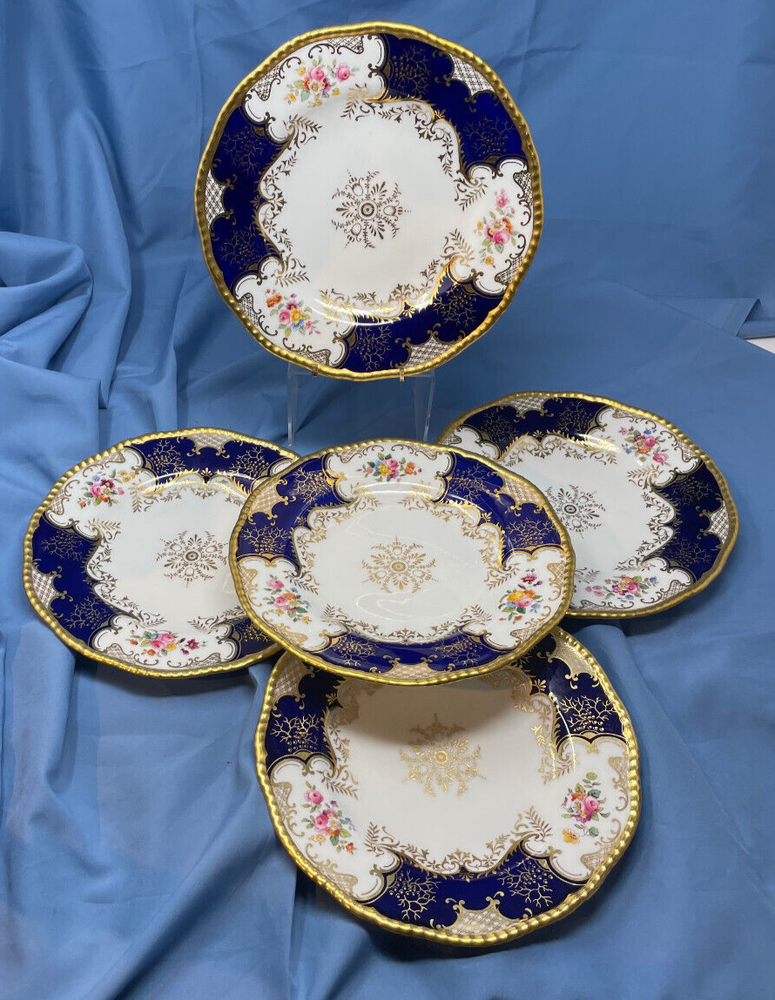 Coalport Panel Cobalt Batwing 9 Inch Luncheon Plates, Set of 5, Elegant Blue Design, Fine Bone China, Dinnerware Essentials