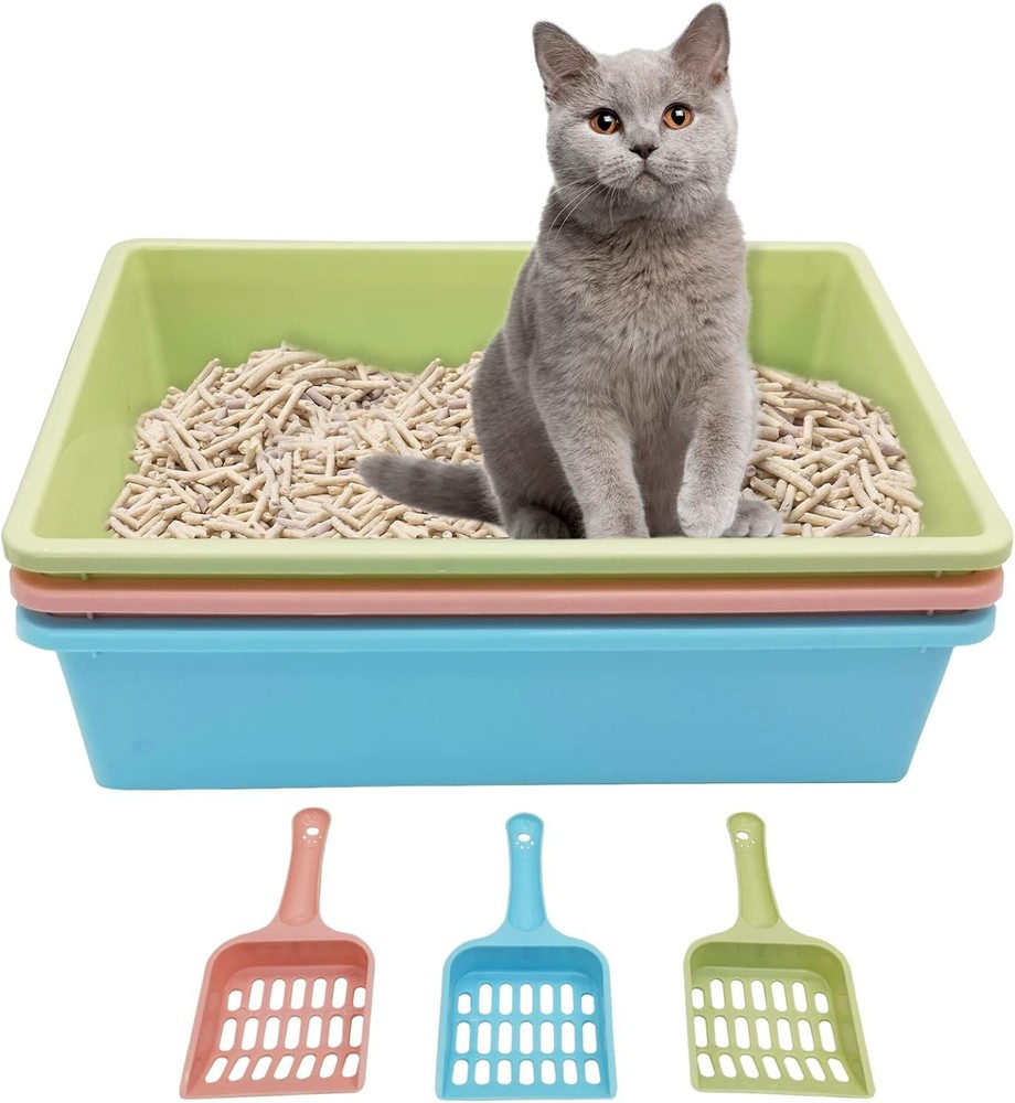 Durable Medium Open Cat Litter Box with Scoop - 3-Pack by Kathson