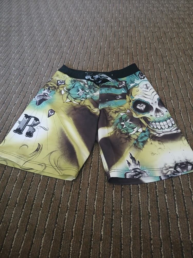 Remetee Affliction Y2K Skull Flower Graphic Print Board Shorts Men's 32 Beach