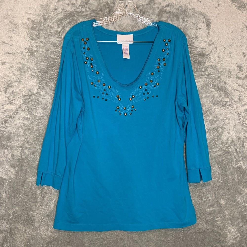 Susan Graver Embroidered Stretch Knit Tee with Stud Details