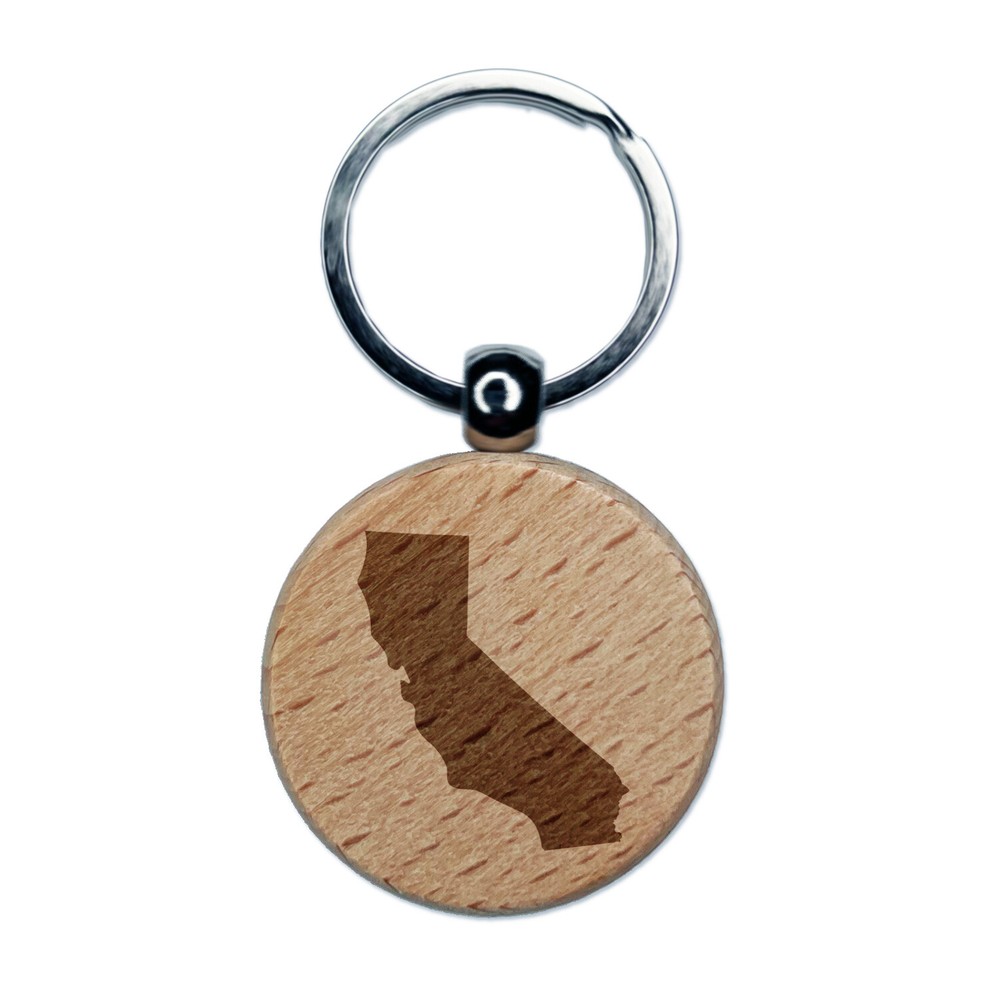 California State Silhouette Engraved Wood Round Keychain Tag Charm