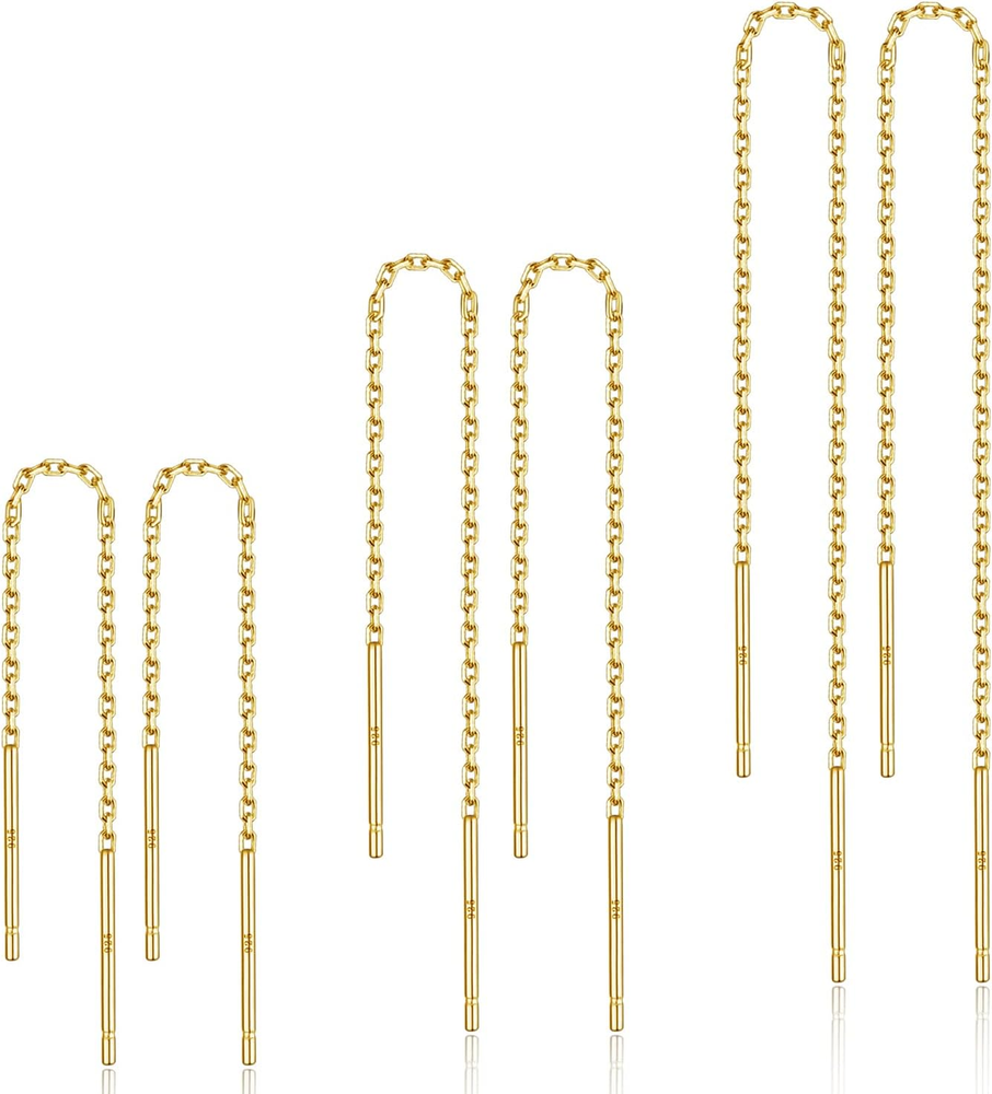 3 Pairs 925 Sterling Silver Long Chain Threader Earrings with Bar and Ball Wrap