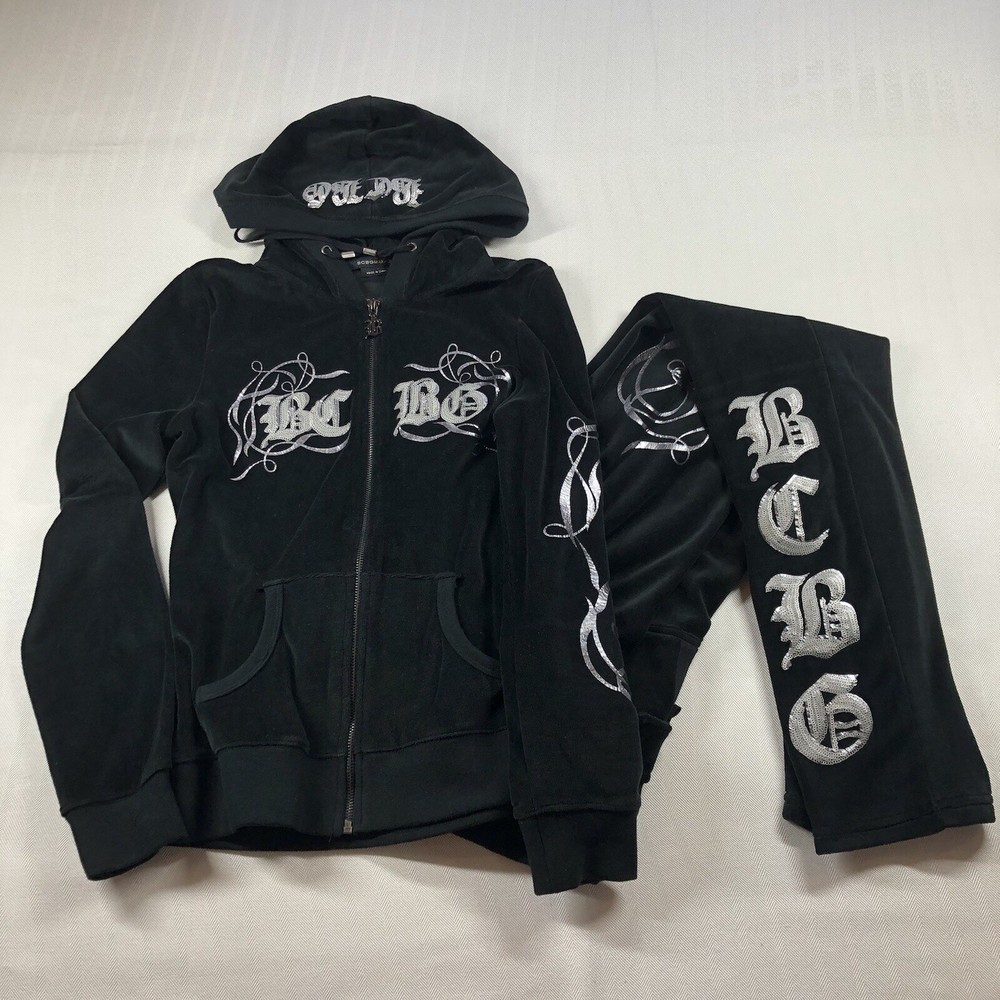 BCBG Max Azria Black Velour Track Suit Set Sz SM Sequin Embellish Pants Hood Y2K