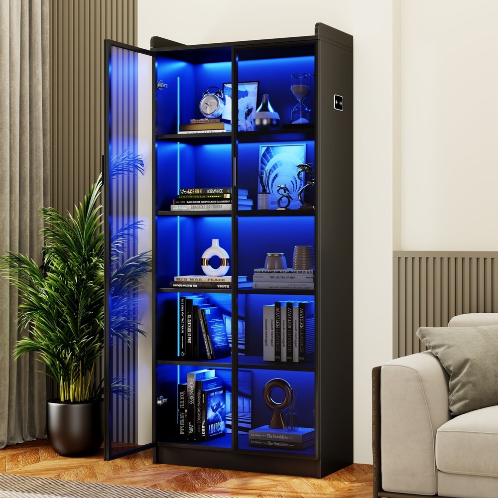65 Inch Display Curio Cabinet with Doors, Adjustable Shelves & Built-In Lighting