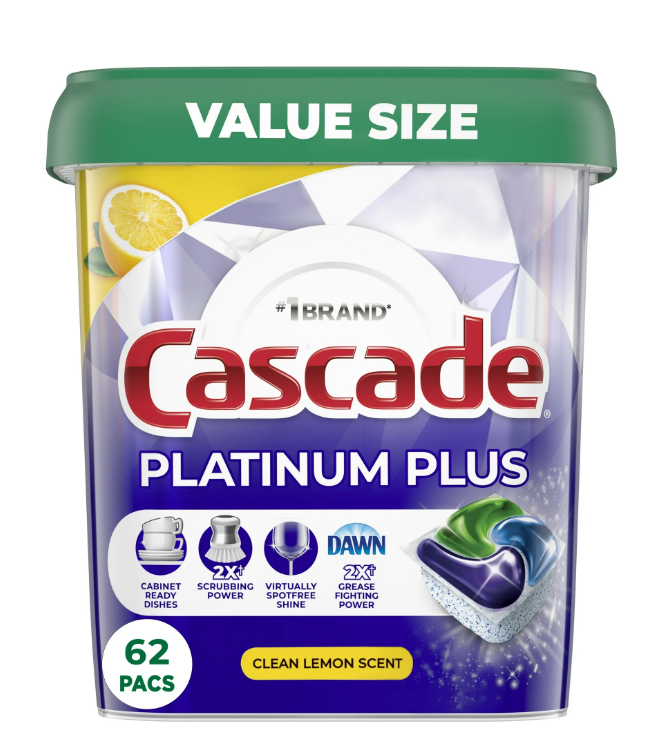 Cascade Platinum Plus Dishwasher Pods, Dish Detergent ActionPacs,Lemon, 62 count
