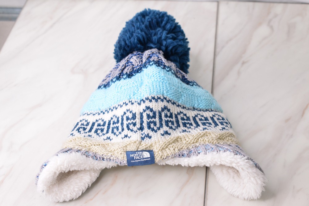 North Face Baby Fleece Ear Flap Pom Beanie 6-24M Cool Blue