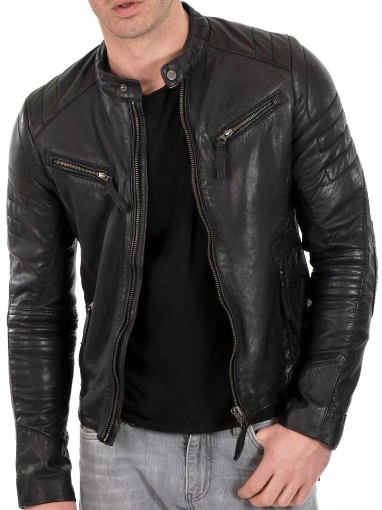 Cafe Racer Retro Men's Leather Jacket Genuine Soft Sheepskin Black Biker Jacket