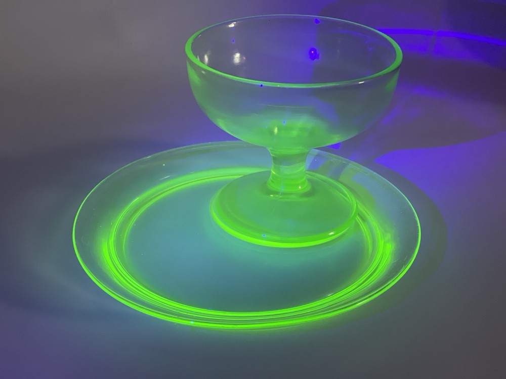 Vintage Uranium Glass Footed Sherbet Dish with Matching Plate