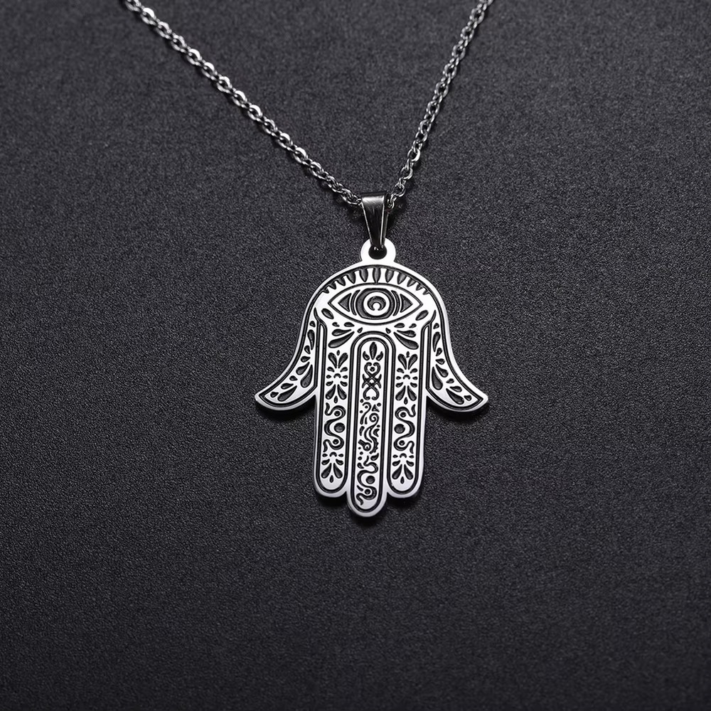 Ornate Silver Hamsa Hand of Fatima Charm Necklace with Chain