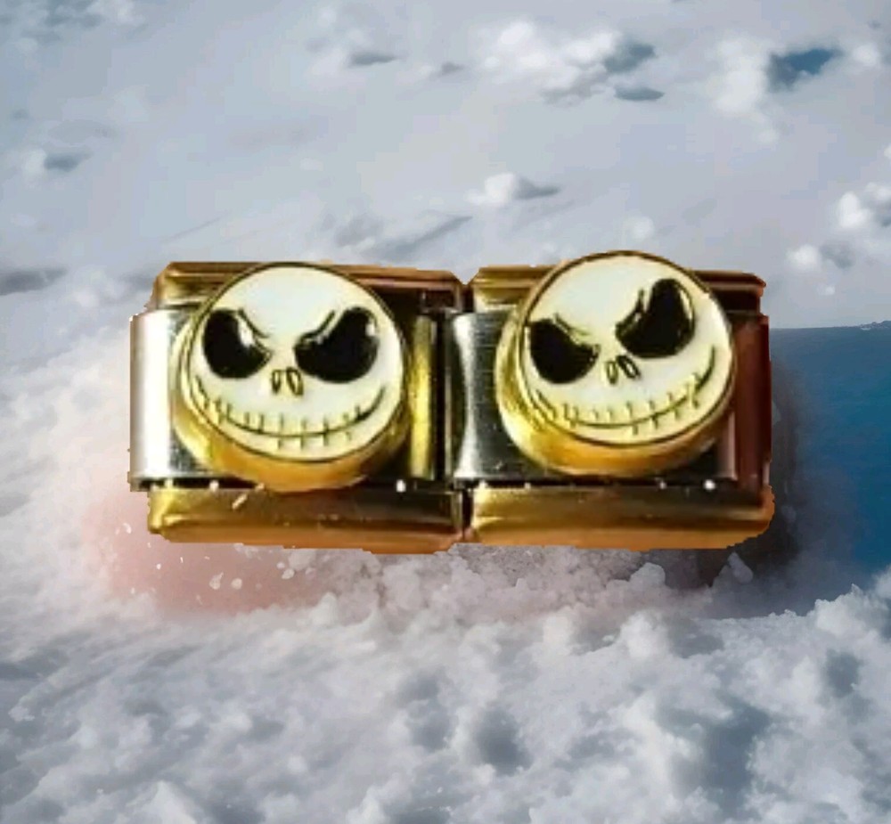 Gold Jack Skellington Italian Charm 3D Stainless Steel 9MM Gold Trim