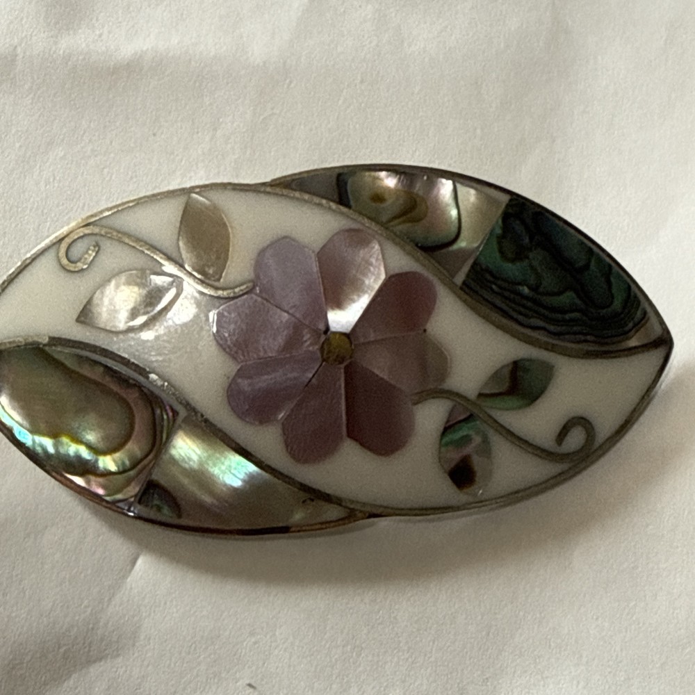 Alpaca  Pendant Brooch Pin Abalone Shell Vintage Mexico Floral