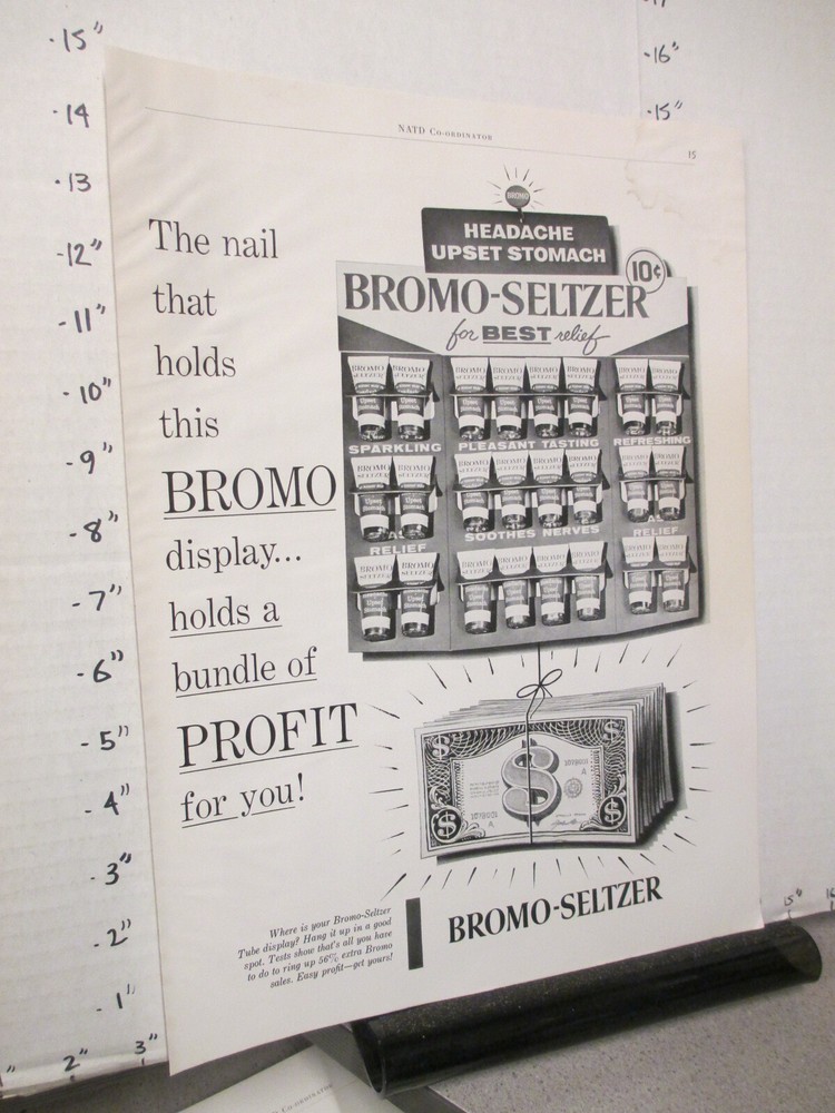 trade magazine ad 1958 BROMO SELTZER headache upset stomach store display