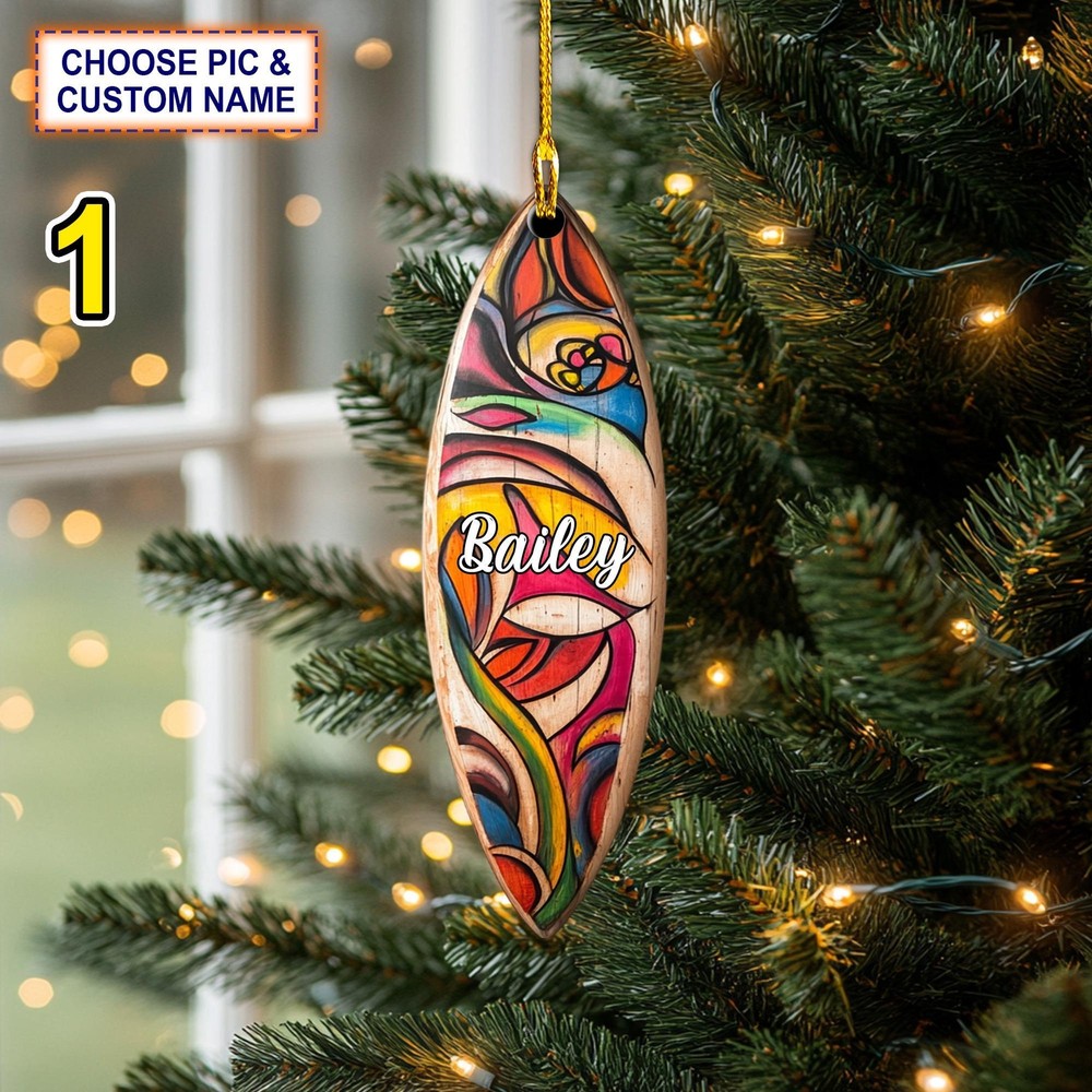 Custom Name Surfboard Colorful Personalized Ornament  Christmas Tree Hanging Dec