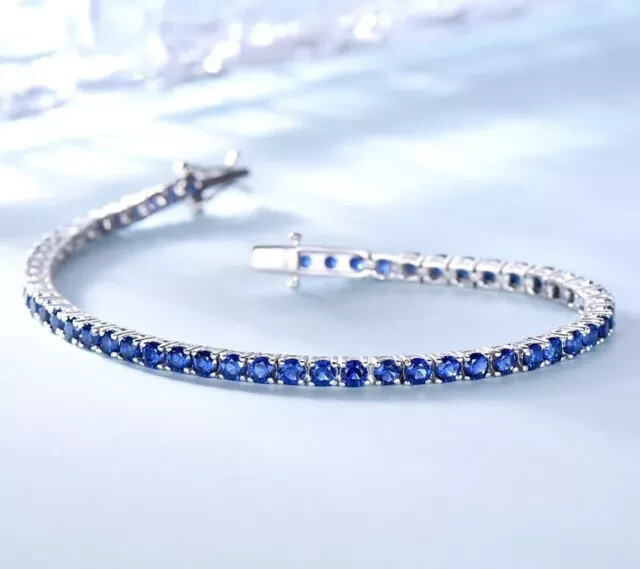 8Ct Lab-Created Blue Sapphire Tennis Bracelet in 14K White Gold Plated 7 Inches