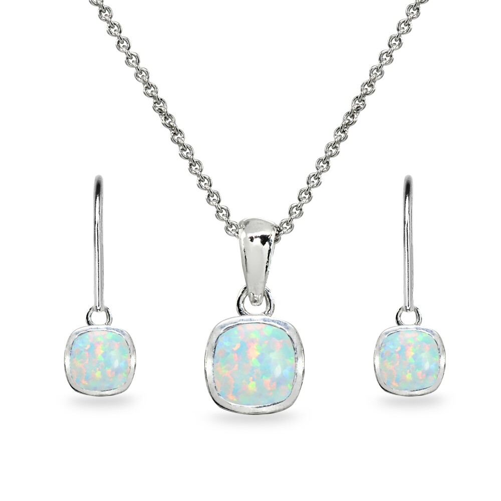 Cushion-Cut Simulated White Opal Bezel-Set 925 Silver Necklace & Earrings Set