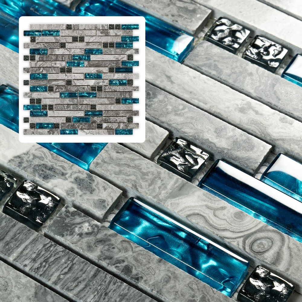 4-Sheet Grey Marble Tile Kitchen Backsplash 12x12.3x6mm with Blue Glass