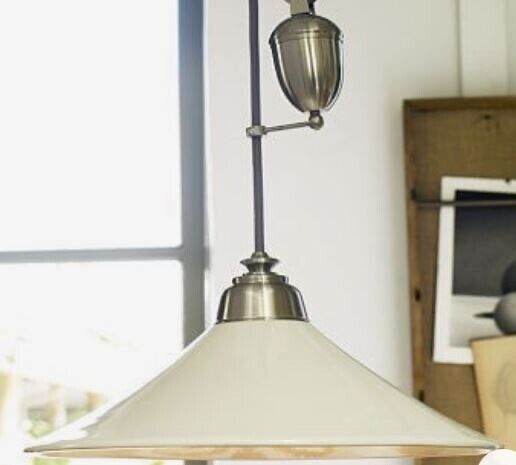 Pottery Barn Ivory/Silver Ceramic Rise & Fall Dining/Kitchen Pendant Light/Lamp