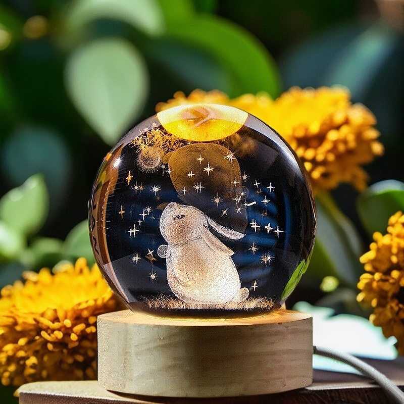 3D Carve Crystal Ball (Rabbit) Night Light with Wooden Base Kids Gift Healing