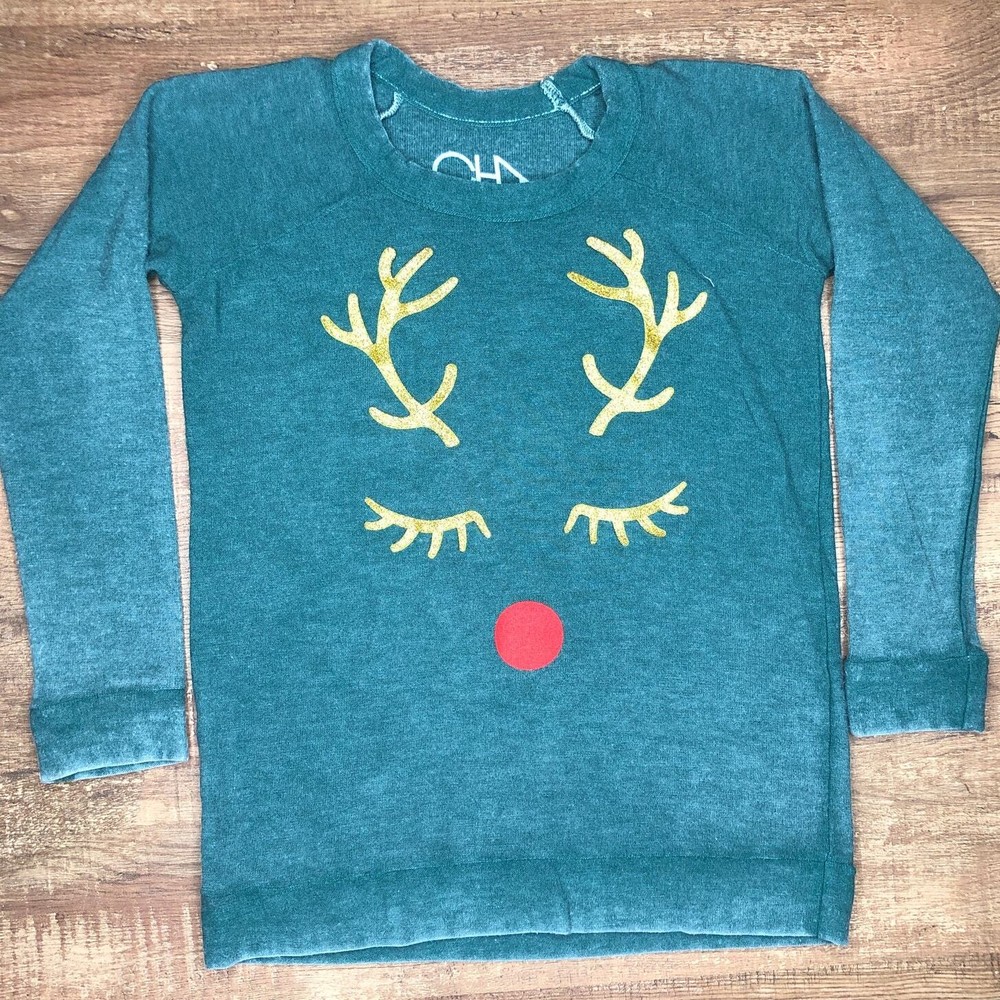 Chaser Sweater Girls Size 6 Green Reindeer Christmas Gold Glitter NWOT