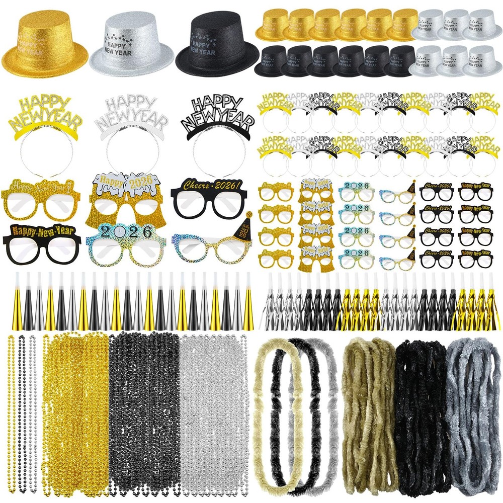 96 Pcs New Years Eve Party Supplies 2026 for 24 Guest - Top Hats Tiaras Headb...