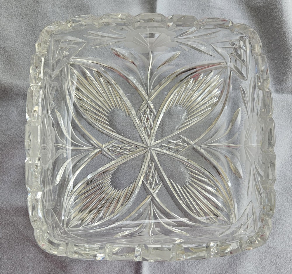 Vintage 1970 Heavy Cut Crystal 6.5 Inch Square Bowl Candy Dish Excellent Condition