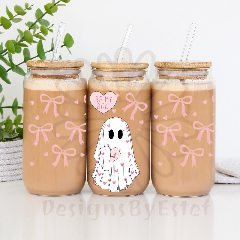 Be my boo Glass Can 16oz Bamboo Lid Reusable Straw Valentine Gift for Her