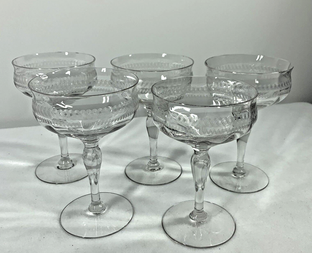Vintage 1950s Etched Cut Glass Crystal Sparkling Wine Sherbet Stems Holiday