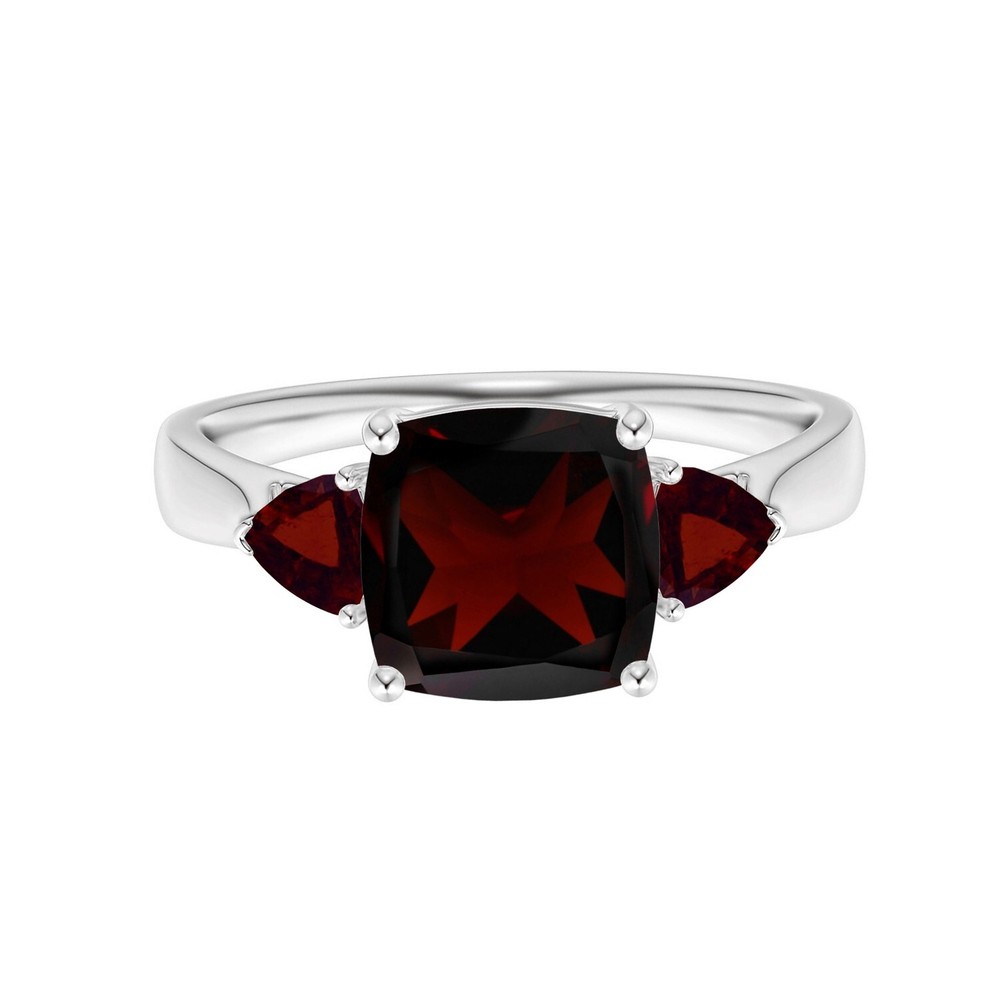 Three Stone Cushion & Trillion Cut Garnet Ring For Women 925 Sterling Silver